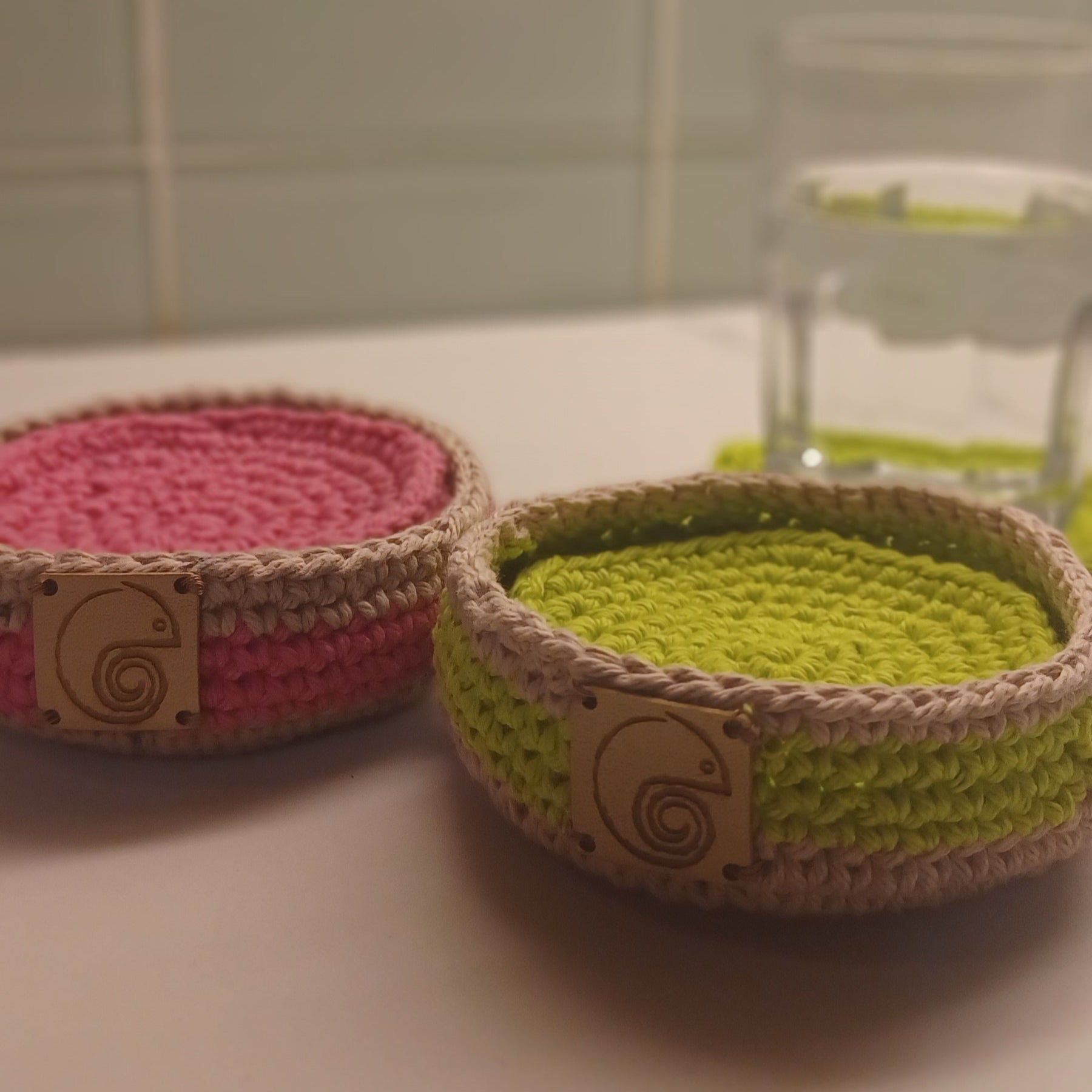 4 Coasters in crochet holder