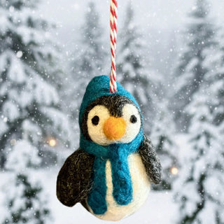 Wool Mini Penguin Ornament With Knitted Hat and Scarf