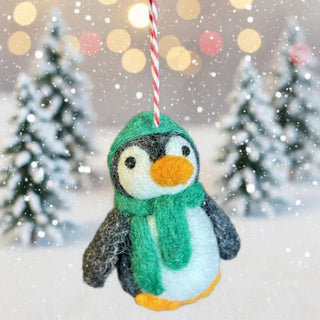 Wool Mini Penguin Ornament With Knitted Hat and Scarf