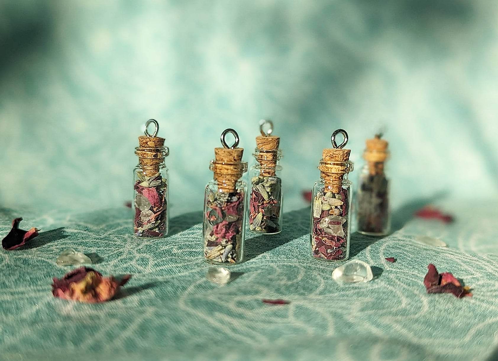 Herb and Crystal Energy Vial Necklaces - 6 Unique Themes - Love, Protection, Abundance, Peace, Psychic Enhancement, Health
