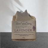 Artisan Soap with 'Huron Soap Company Frosted Lavender' packaging on a gray background
