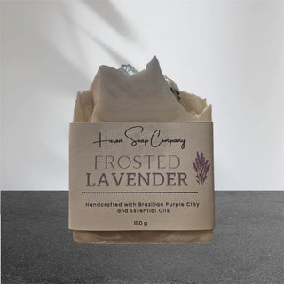 Artisan Soap with 'Huron Soap Company Frosted Lavender' packaging on a gray background
