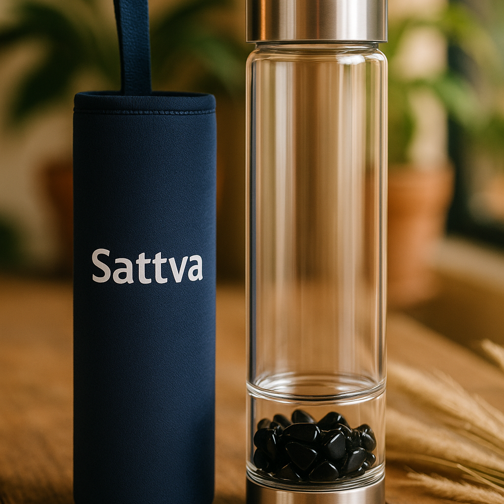 Two Sattva branded products on a wooden surface with a blurred indoor background