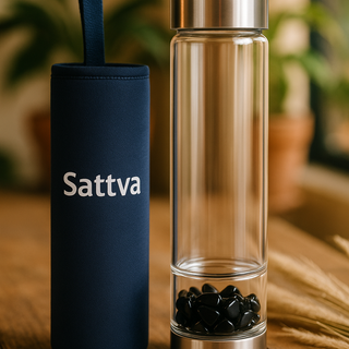 Two Sattva branded products on a wooden surface with a blurred indoor background