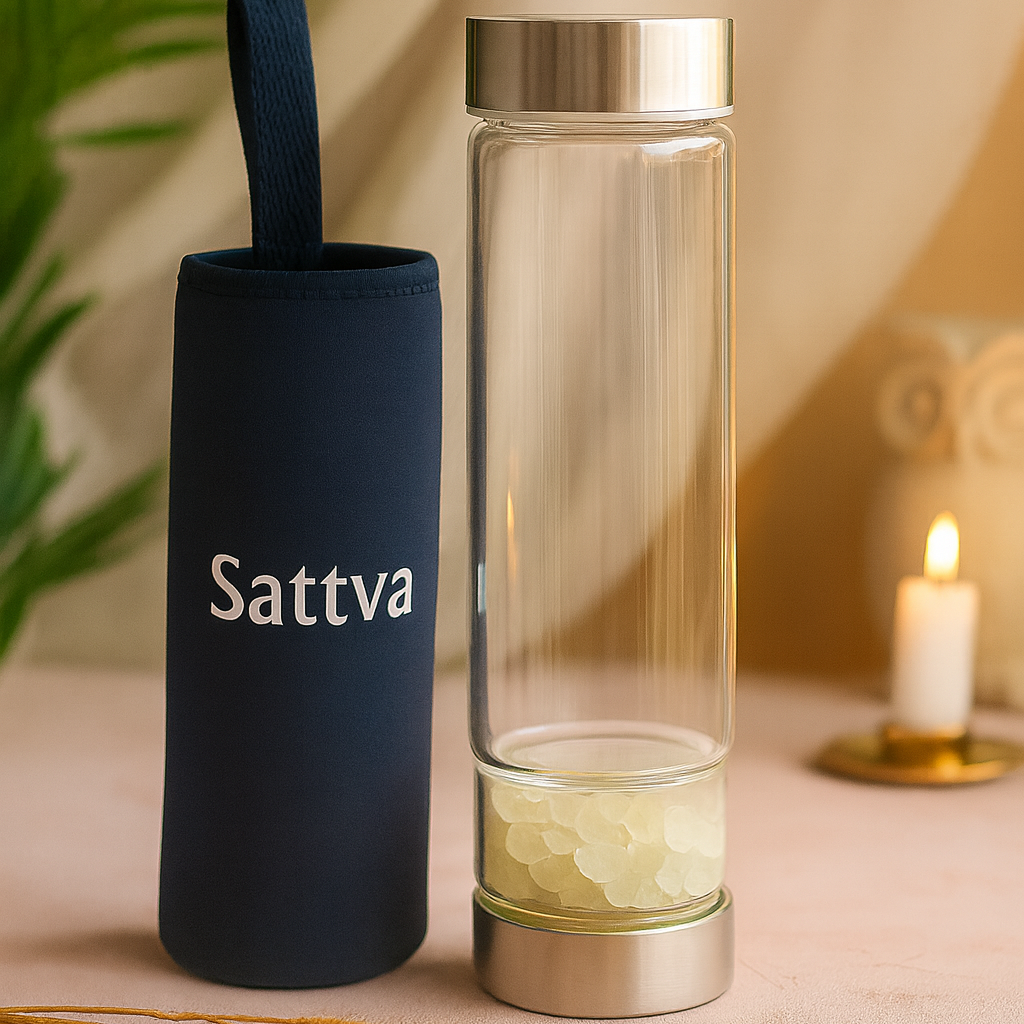 Sattva water bottle with a dark blue sleeve and clear glass body on a neutral background.