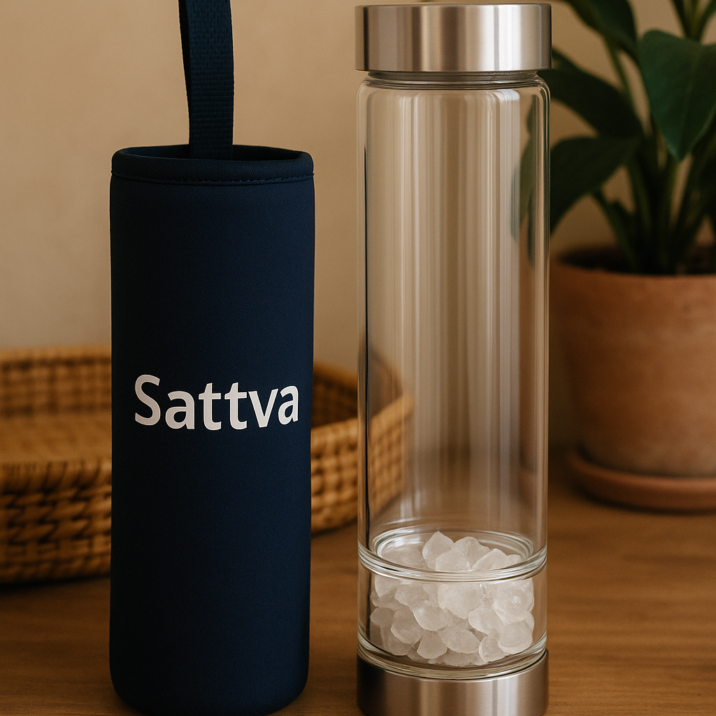 Clear glass bottle with metal cap and black sleeve labeled 'Sattva' on a wooden surface.