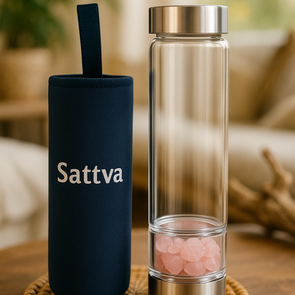 Sattva branded water bottle with a dark blue sleeve and clear glass body on a wooden surface.