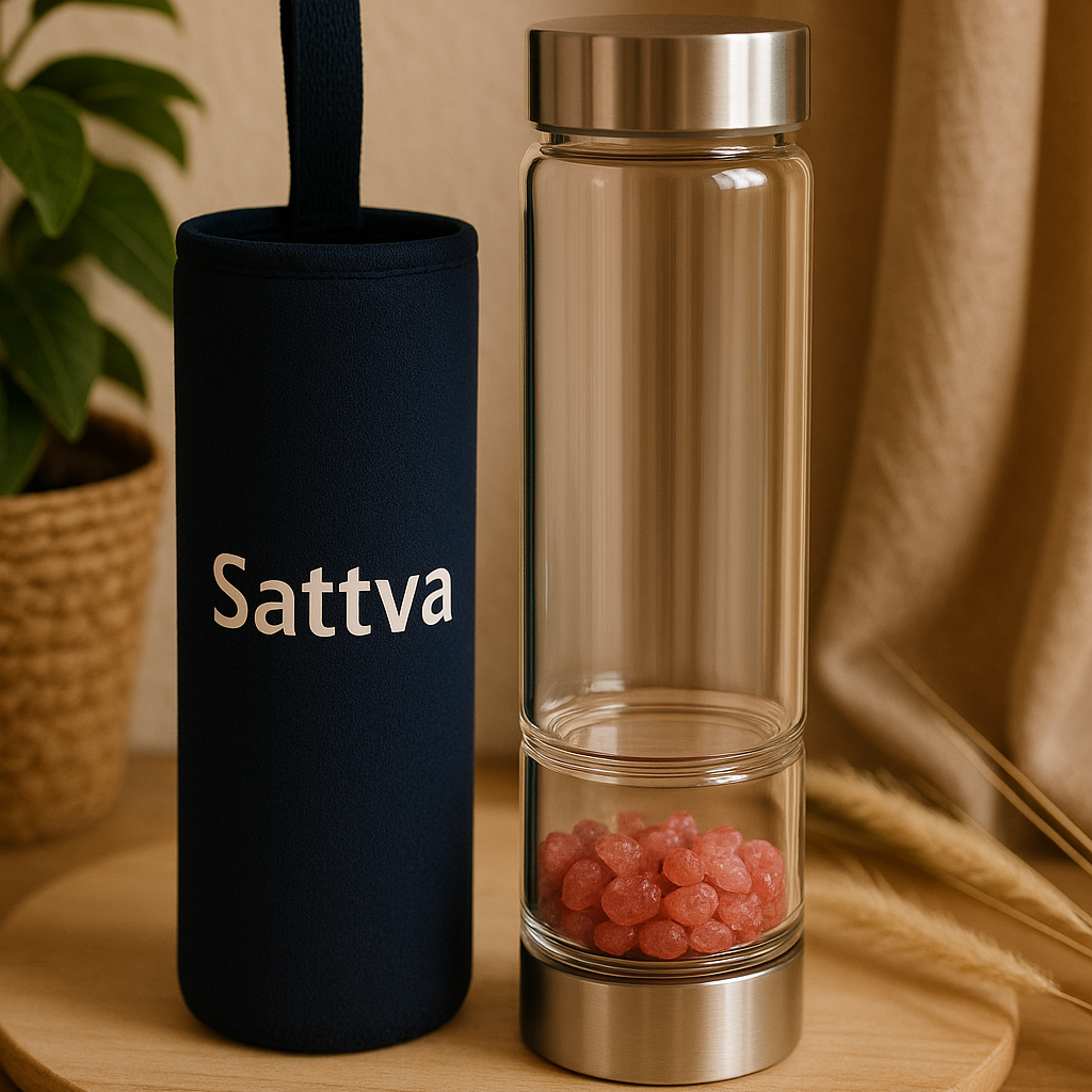 Black and clear Sattva water bottles on a wooden surface with a beige curtain and plant in the background.