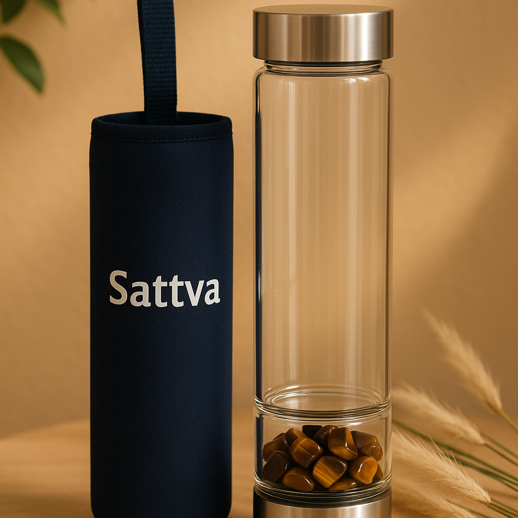 Black and clear Sattva water bottles on a wooden surface with a beige background