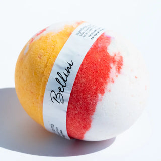 Bath bomb with a Bellini label on a white background