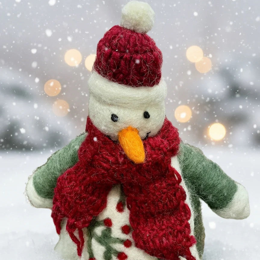 Burgundy Scarf and Hat Snowman Wool Decor
