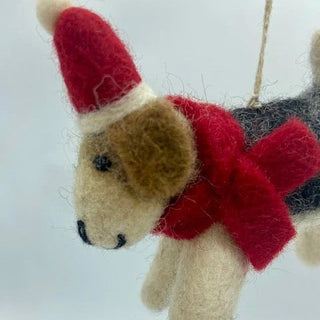 Wool Dog with Red Holiday Hat Ornament