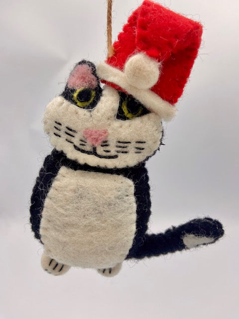 Black and White Cat w Red Hat Ornament