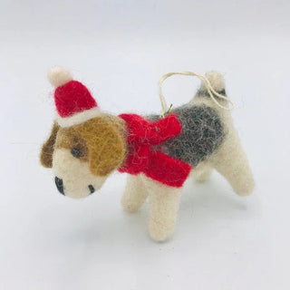 Wool Dog with Red Holiday Hat Ornament