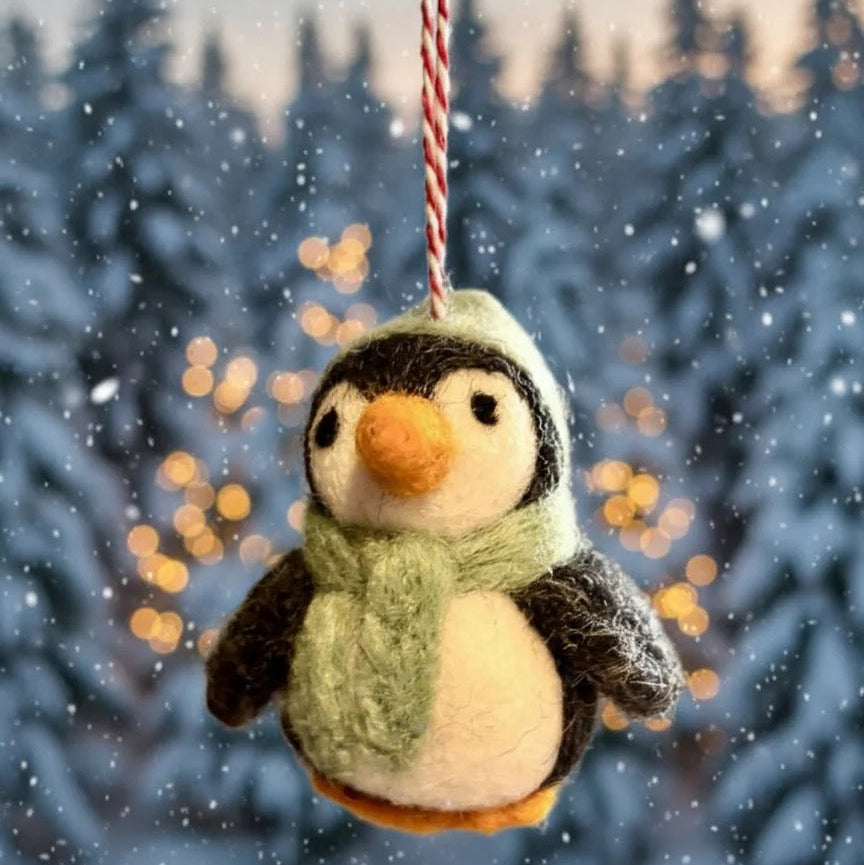 Wool Mini Penguin Ornament With Knitted Hat and Scarf