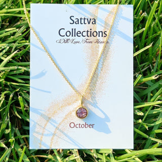 Necklace with a purple gemstone on a 'Sattva Collections' card in grass