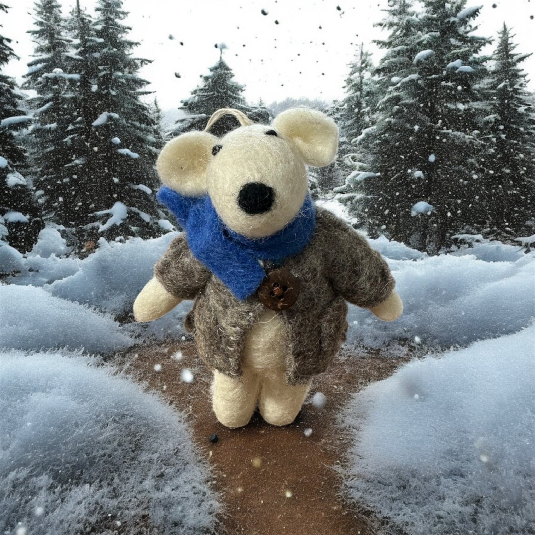 Handcrafted Wool Mouse with Blue Scarf Ornament