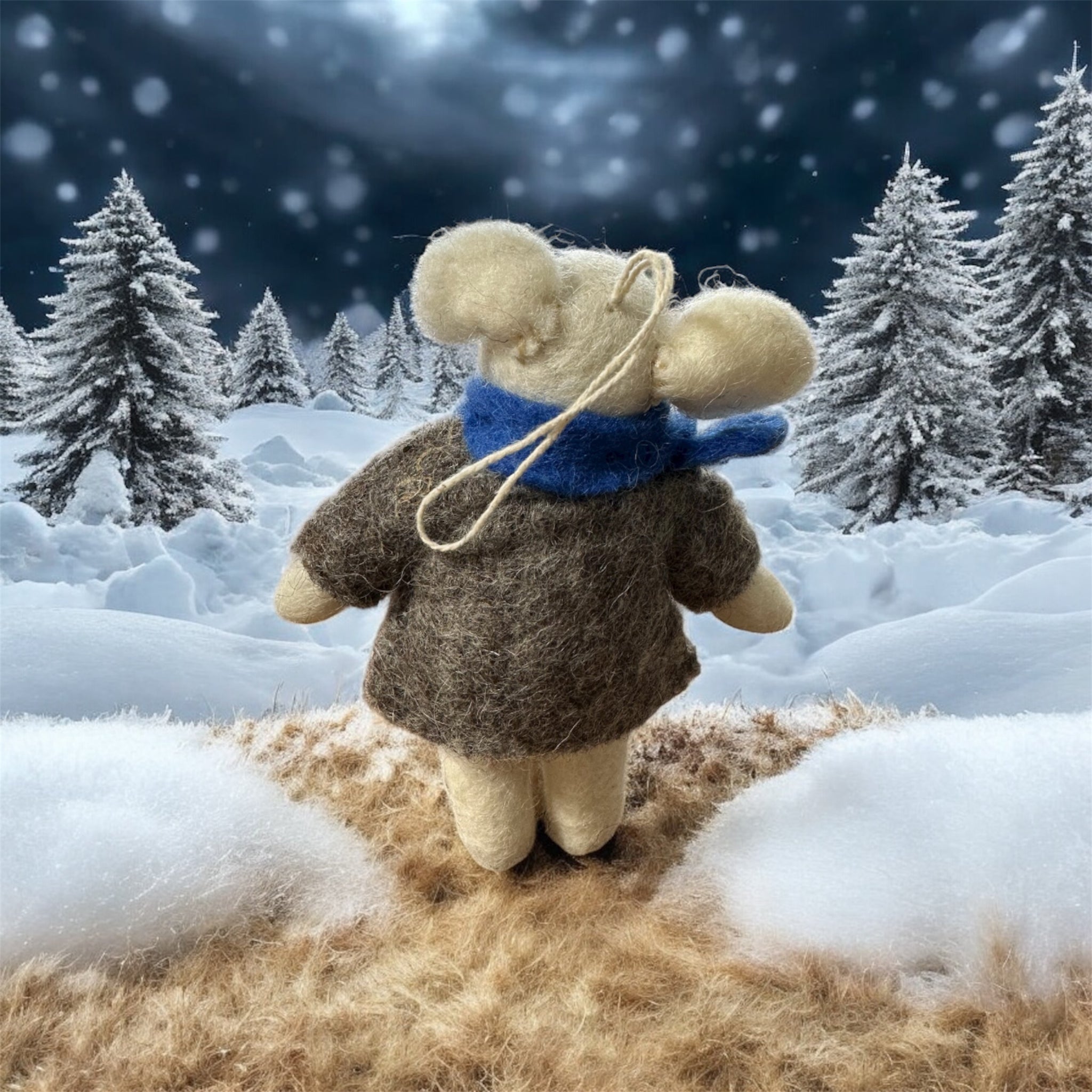 Handcrafted Wool Mouse with Blue Scarf Ornament