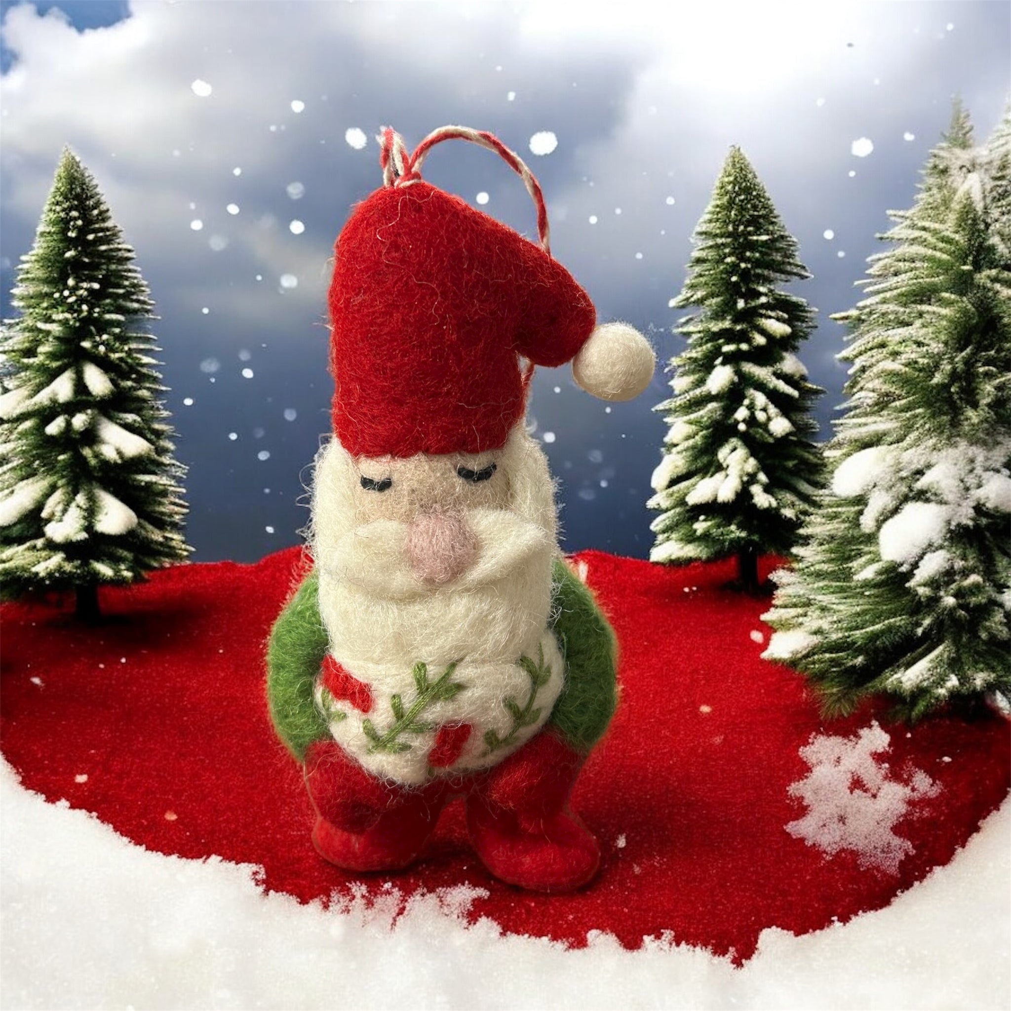 Wool Mini Green Red Santa Ornament