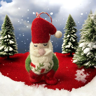 Wool Mini Green Red Santa Ornament