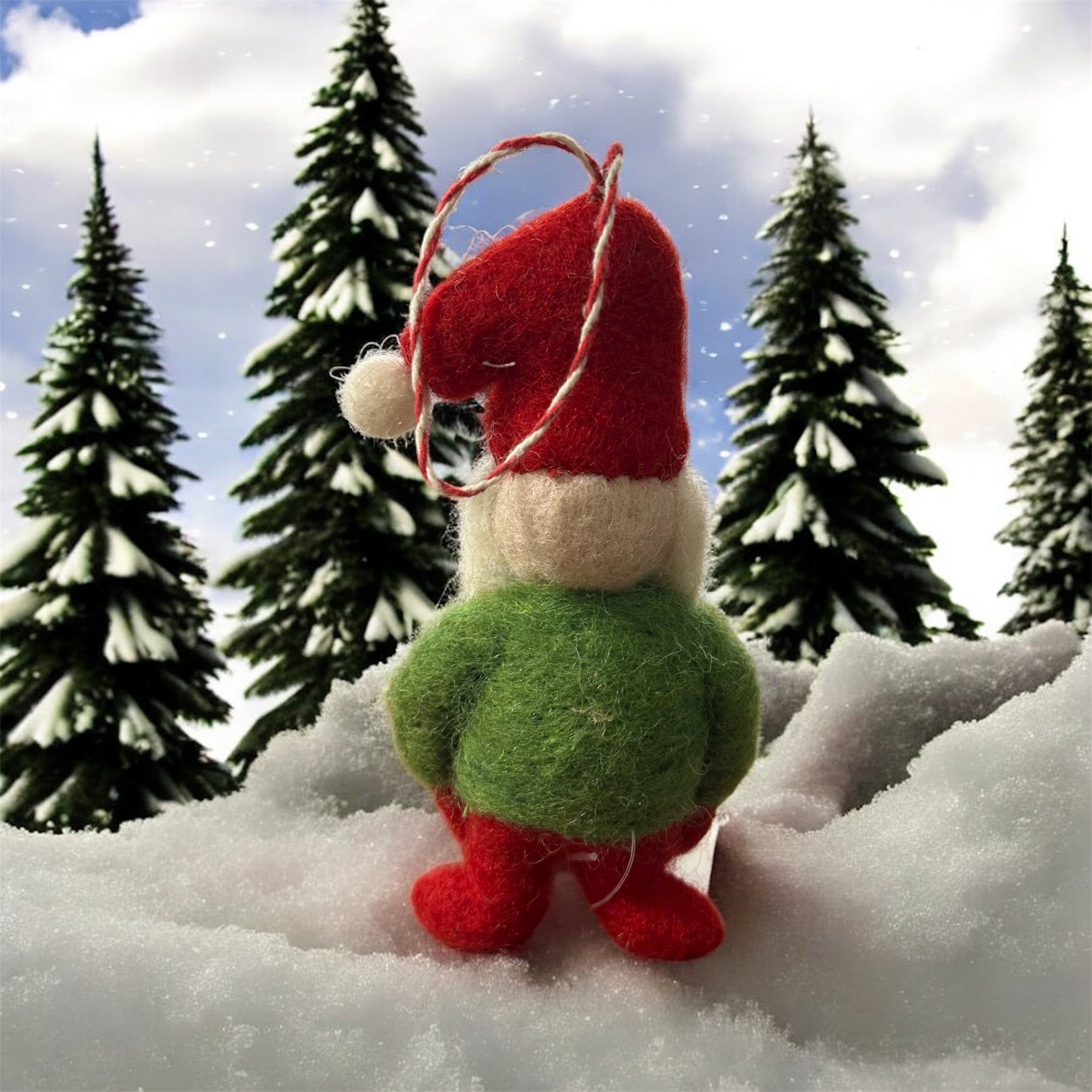 Wool Mini Green Red Santa Ornament
