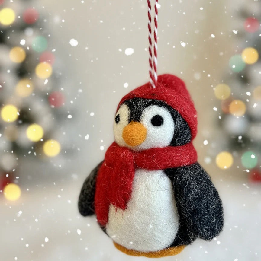 Wool Mini Penguin Ornament With Knitted Hat and Scarf