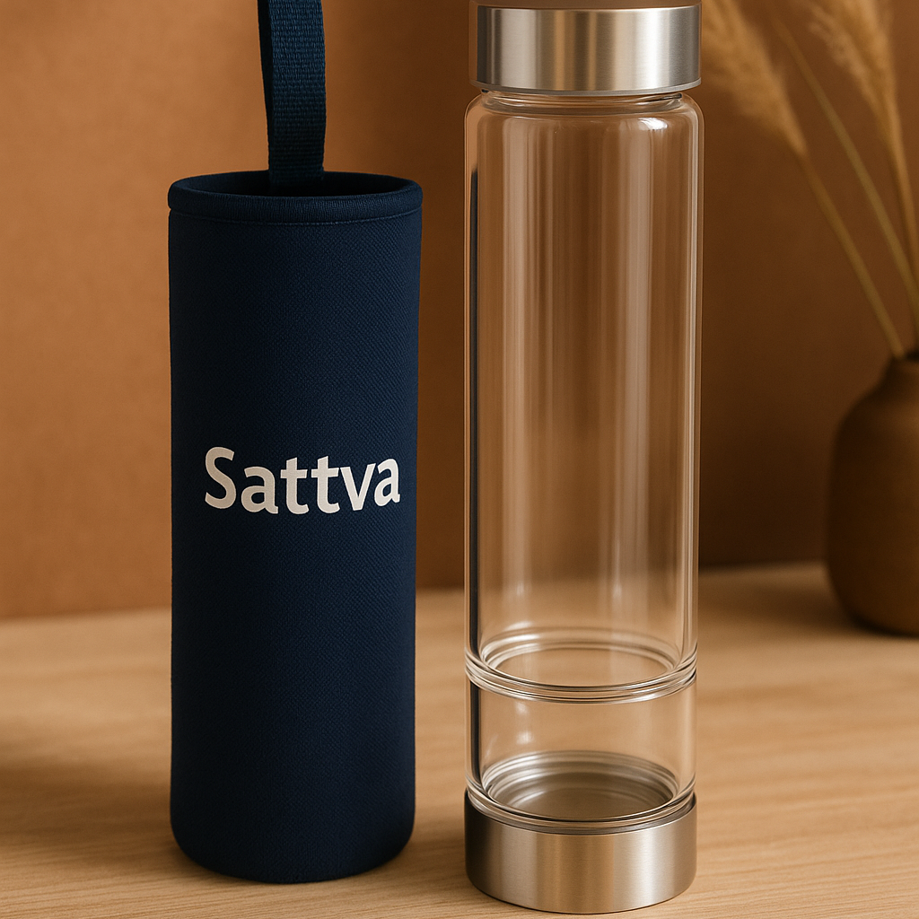 Clear glass water bottle with black sleeve and 'Sattva' branding on a wooden surface.