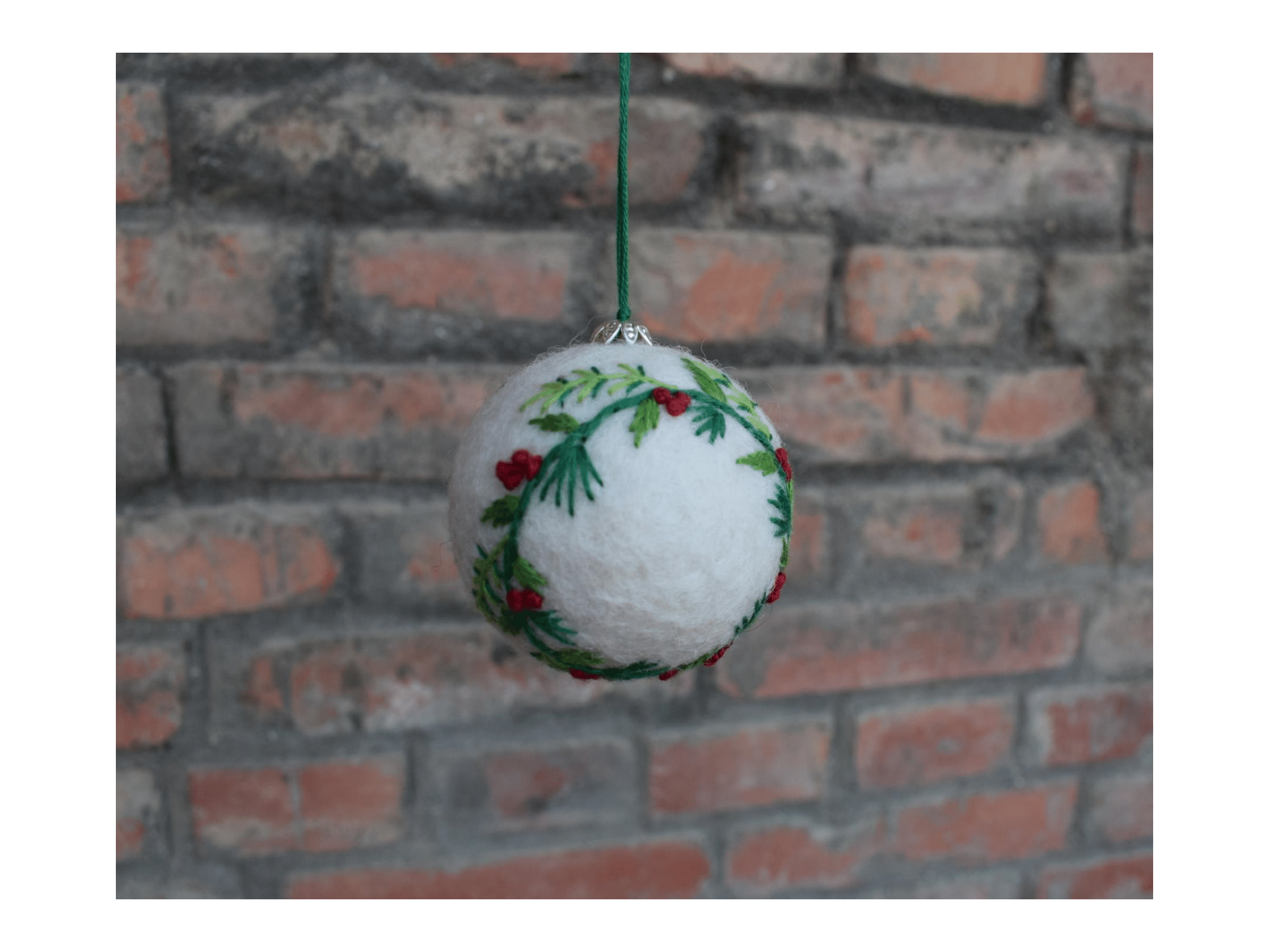 Embroidered Holly White Ball Ornament