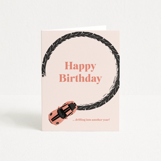 happy birthday drifting into another year | fun minimal car lover birthday card | A2 blank inside