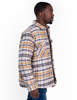 side profile of model in yellow and grey flannel jacket