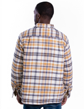 Back of model in a yellow and grey flannel jacket