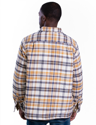 Back of model in a yellow and grey flannel jacket