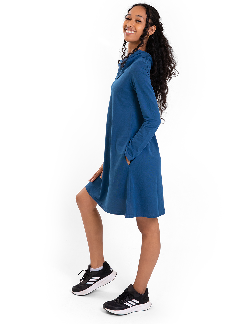 Nisha Dress - This long sleeve, cowl neck dress features two side pockets.